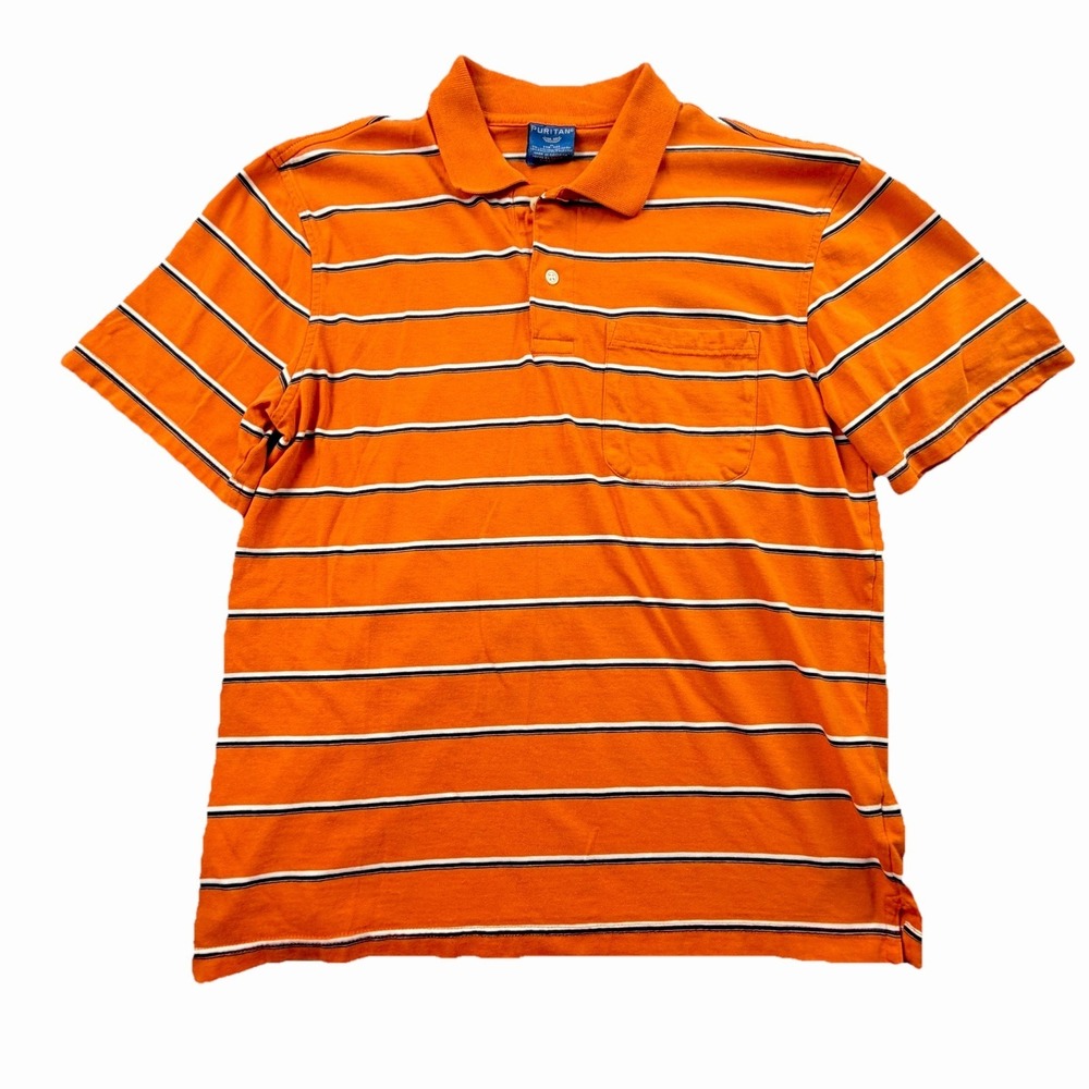 Puritan Striped Pocket Polo Shirt Orange White Navy‎ Men's M